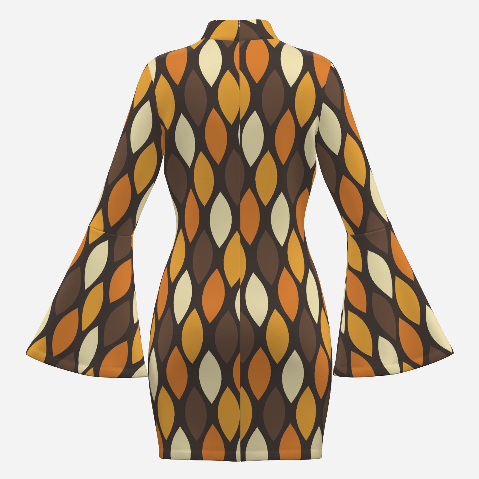 70s Style Dress | Mustard Yellow & Brown Geometric Bell Sleeve Mini Dress | Retro Turtleneck Disco Shift Dress