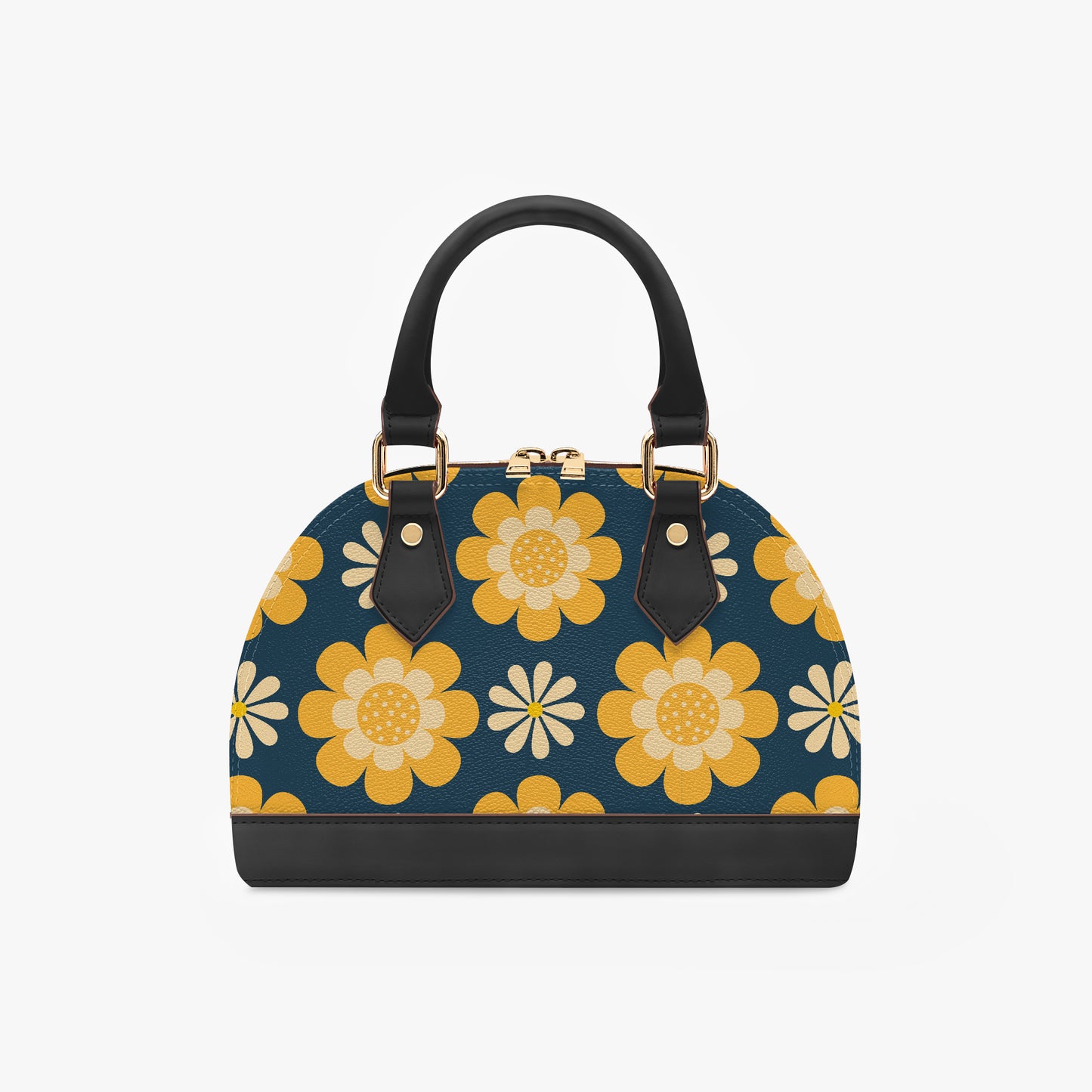 Vintage Mod Yellow Floral Blue Handbag | 60s 70s Retro Half Moon Crossbody Bag with Adjustable Shoulder Strap | PU Leather Statement Handbag for Women