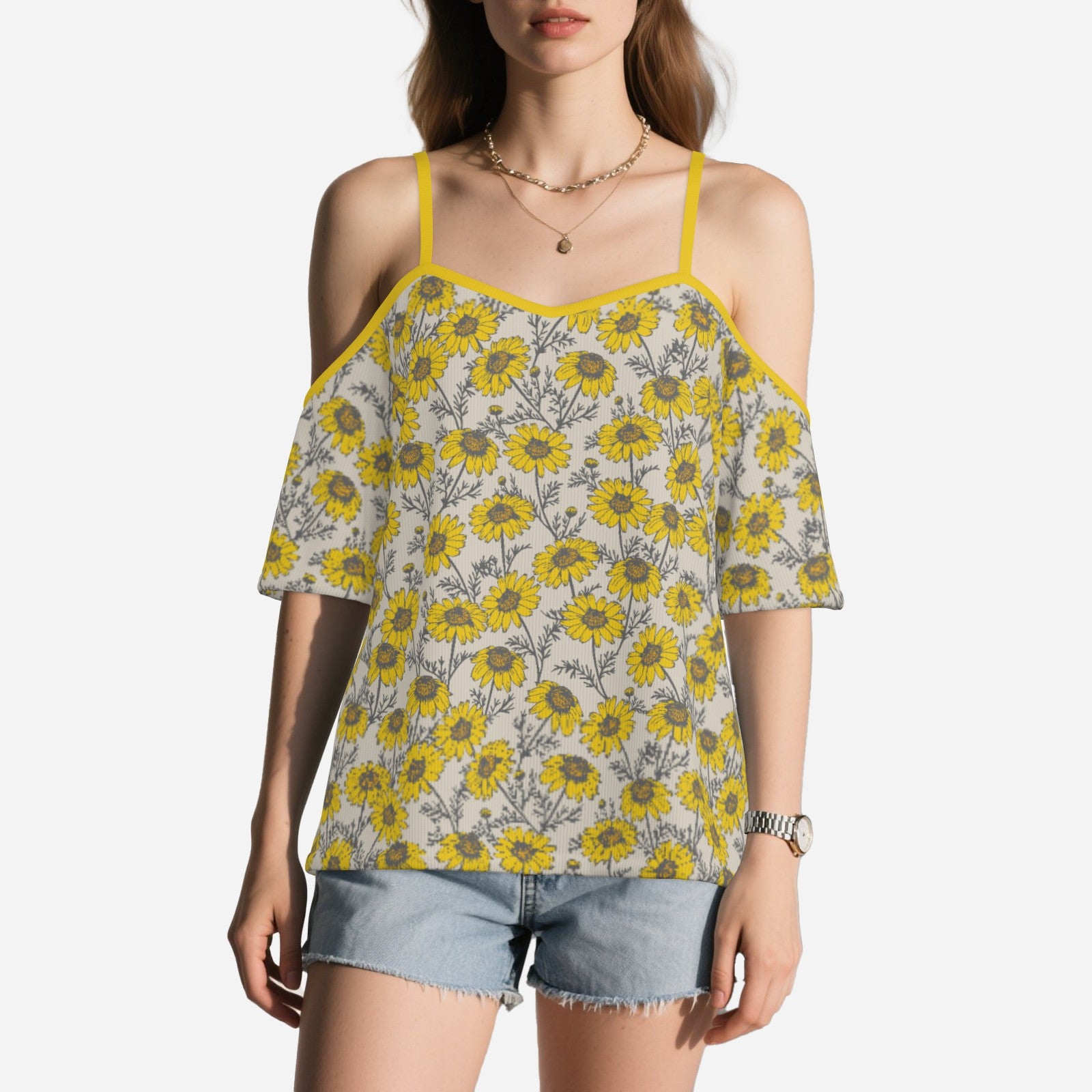 Women’s Yellow Floral Off Shoulder Top | Eco-Friendly Imitation Cotton Flutter Sleeve Blouse
