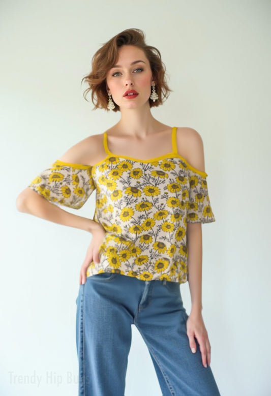 Women’s Yellow Floral Off Shoulder Top | Eco-Friendly Imitation Cotton Flutter Sleeve Blouse