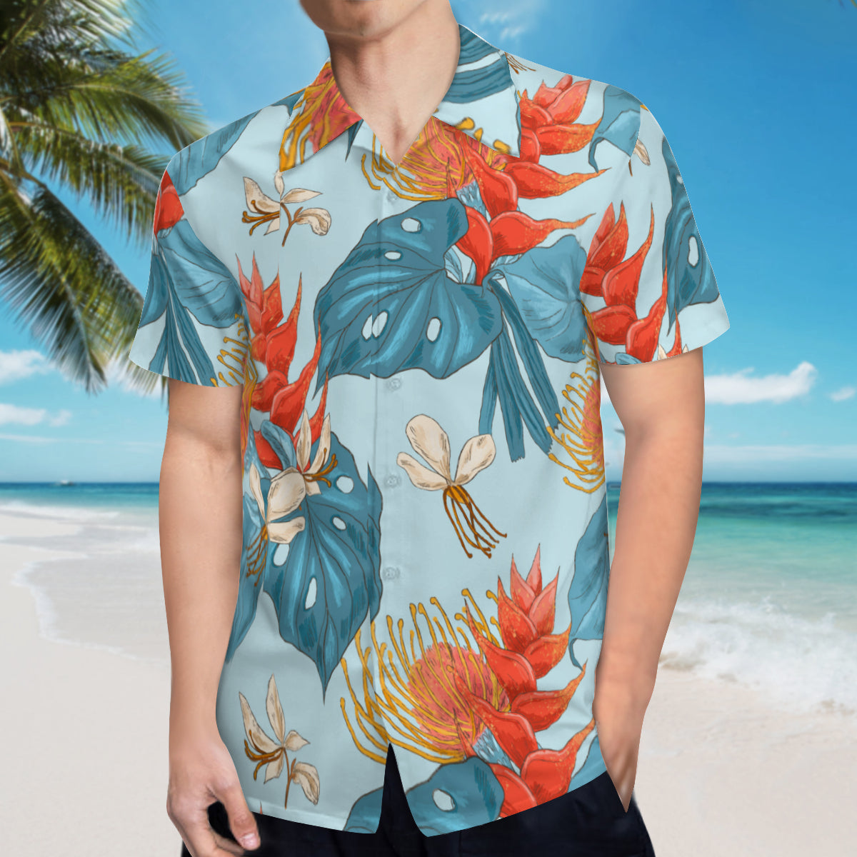 Hawaiian Shirt Men, Hawaiian Top Men, Blue Hawaiian Shirt, Leaf Print Shirt Men, Floral Shirt Men, Blue Red Top Men, Tropical Shirt