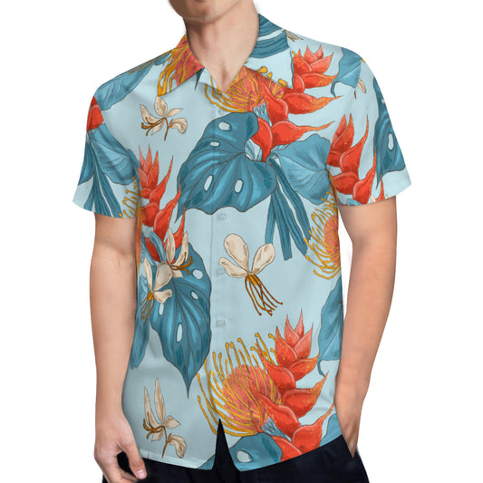 Hawaiian Shirt Men, Hawaiian Top Men, Blue Hawaiian Shirt, Leaf Print Shirt Men, Floral Shirt Men, Blue Red Top Men, Tropical Shirt