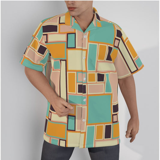 Hawaiian Shirt Men, Mod 60s Style Shirt, Pink Turqoise Geometric Shirt Men, 60s Inspired Shirt