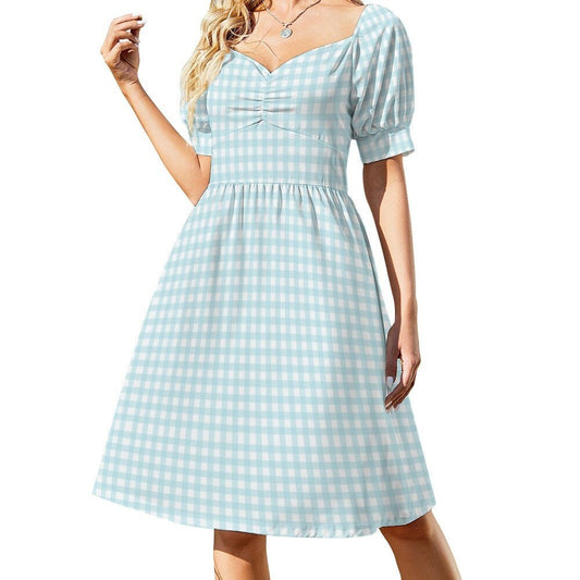 Handgefertigtes Kleid, Babydoll-Kleid, blaues Babydoll-Kleid, Gingham-Kleid, Pinup-Kleid, Kleid im 50er-Jahre-Stil, Kleid im Vintage-Stil, Kleid mit Puffärmeln