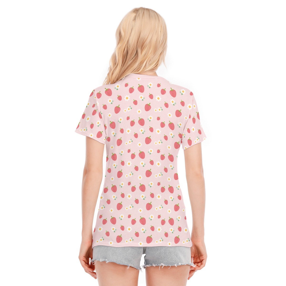 Erdbeer-T-Shirt, rosa Erdbeer-Top, Erdbeer-Print-Top, Damen-Tops, Sommer-Top für Damen, einzigartiges T-Shirt, Erdbeer-Muster-Top, rosa Top