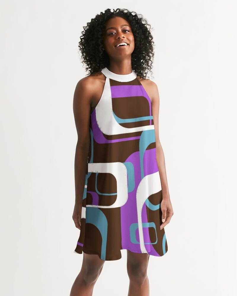 Mod Dress, Vintage Dress Style, Halter Dress, Brown Purple Dress, Retro Dress Women, Retro 60s dress, Vintage 60s style dress, Mod 60s Dress