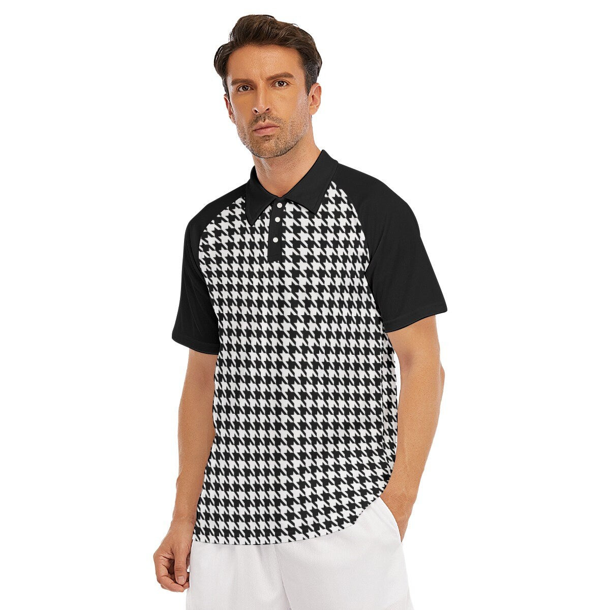 Polo, chemise pied-de-poule, polo noir, chemise pour homme, chemise vintage pour homme, chemise de style vintage pour hommes, chemise en tricot pour hommes, chemise noire pour hommes