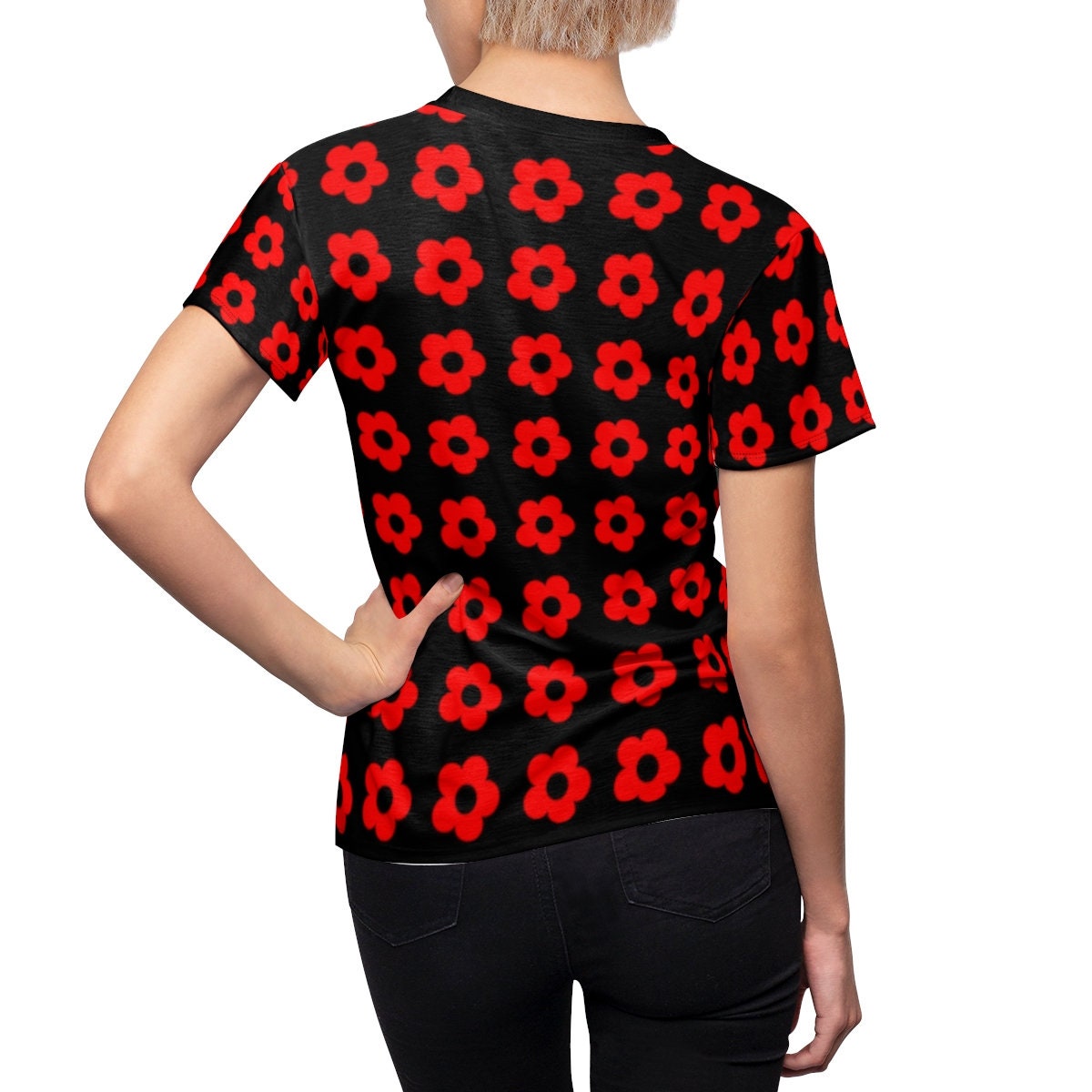 Retro-Top, Mod-Top, 60er-Jahre-Tops, Vintage-Stil-Top, Mod-60er-Top, schwarz-rotes Top, Vintage-T-Shirt, Vintage-Blumen-Top, Vintage-Blumen-Top