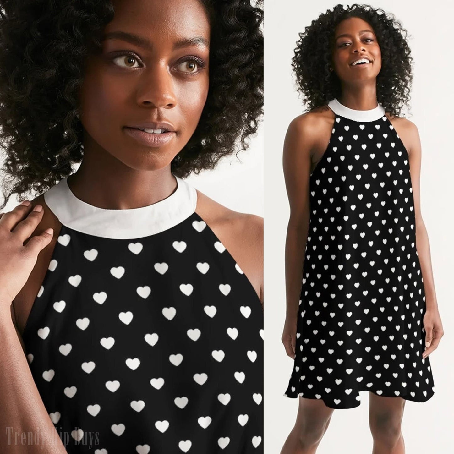 Herzkleid, schwarzes Kleid, Vintage-Kleiderstil, Pinup-Kleid, Retro-Kleid, Neckholder-Kleid, Herz-Print-Kleid, Partykleid, Herz-Polka-Dot-Kleid