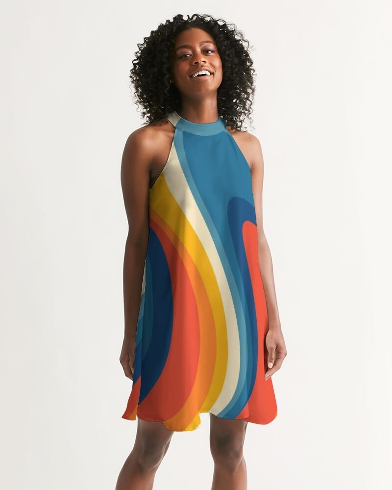 Vintage-Kleiderstil, Grooviges Kleid im 70er-Jahre-Stil, Hippie-Kleid, Retro-Kleid, Disco-Kleid, Streifenkleid, 70er-Jahre-inspiriertes Kleid, Blau-Orange-Kleid