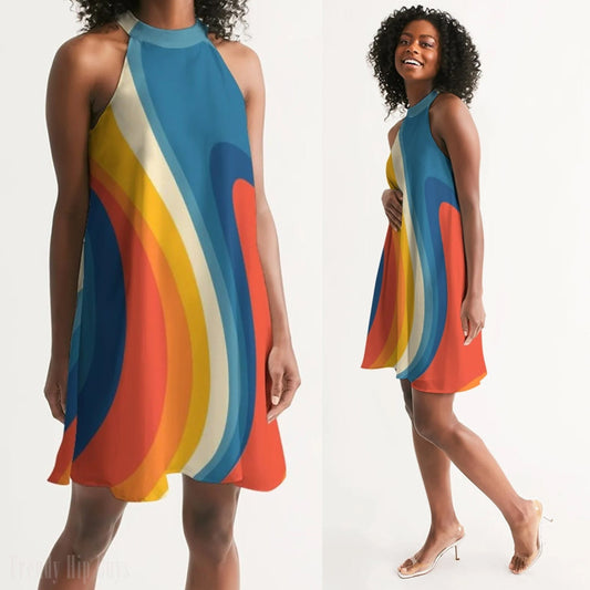 Style vestimentaire vintage, robe style Groovy des années 70, robe hippie, robe rétro, robe disco, robe rayée, robe inspirée des années 70, robe bleu orange