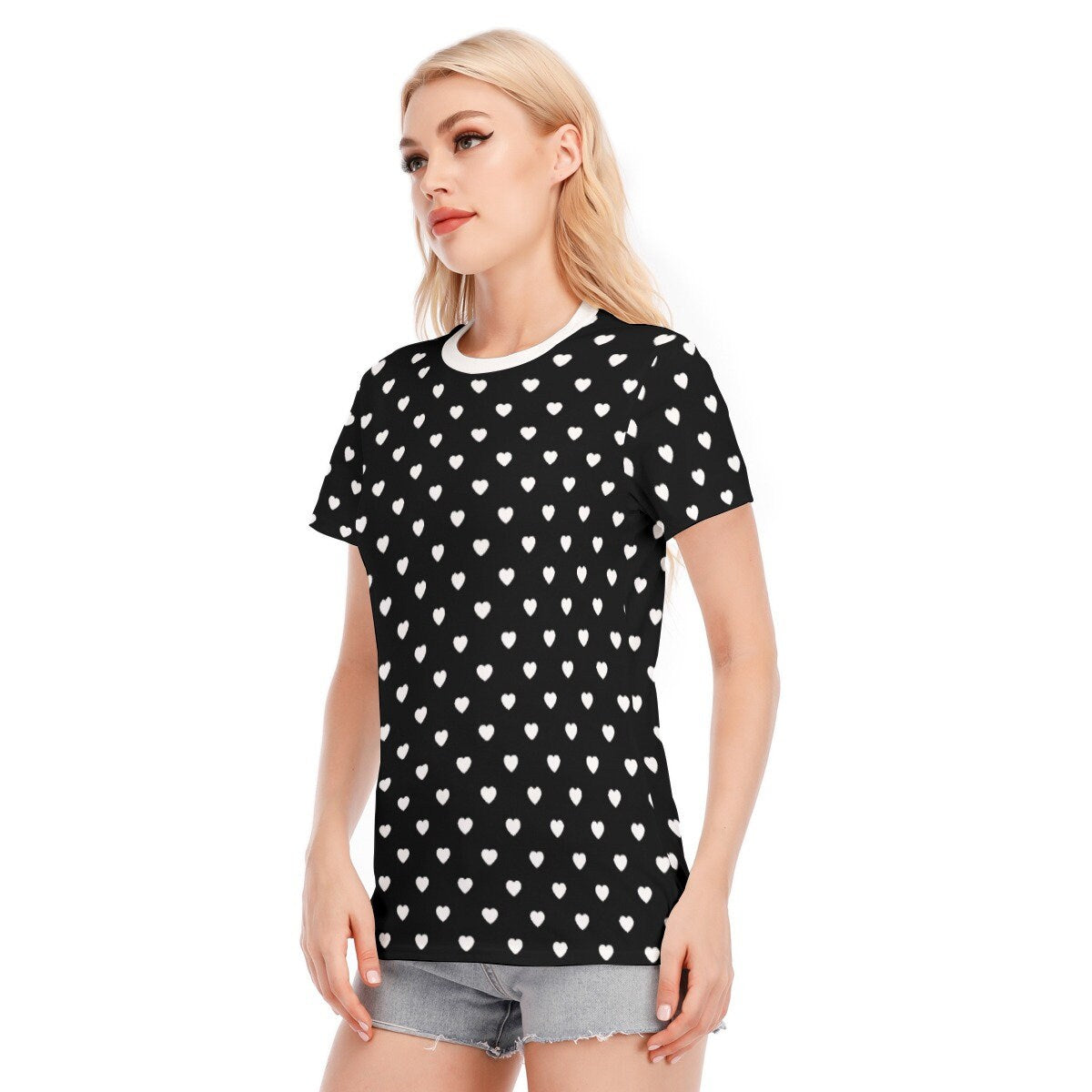 Womens T-shirt, Heart Polka Dot Top,Polka Dot Tshirt, Black Polka Dot Top, Retro T-shirt, Heart Print T-shirt, Heart Pattern T-shirt
