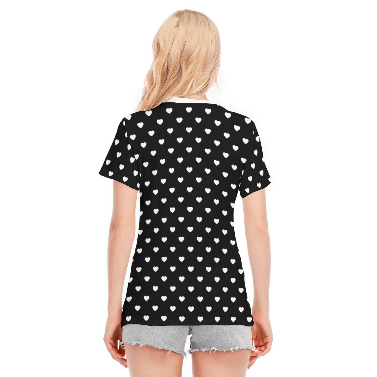 Damen-T-Shirt, Herz-Polka-Dot-Top, Polka-Dot-T-Shirt, schwarzes Polka-Dot-Top, Retro-T-Shirt, Herz-Print-T-Shirt, Herz-Muster-T-Shirt