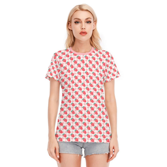 Damen-T-Shirt, Erdbeer-T-Shirt, Erdbeer-T-Shirt, Erdbeer-Top, rosa Top, rosa Gingham-Top, Damen-Tops, rosa Top, Kawaii-Top