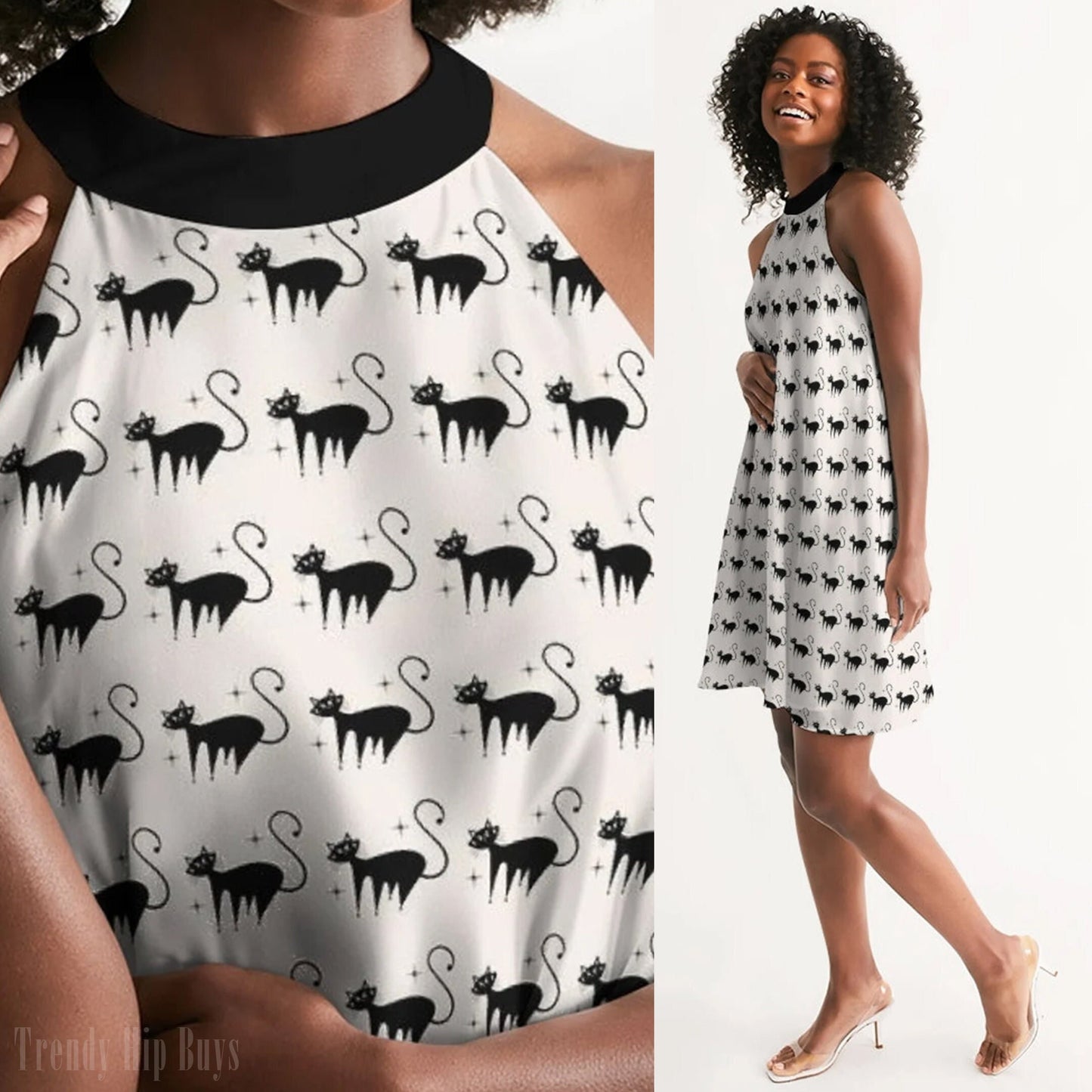 Katzenkleid, Retro-Kleid, Neckholder-Kleid, schwarzes Katzen-Print-Kleid, Vintage-Stil-Kleid, 50er-Jahre-inspiriertes Katzen-Print-Kleid, Animal-Print-Kleid, 50er-Jahre-inspiriert