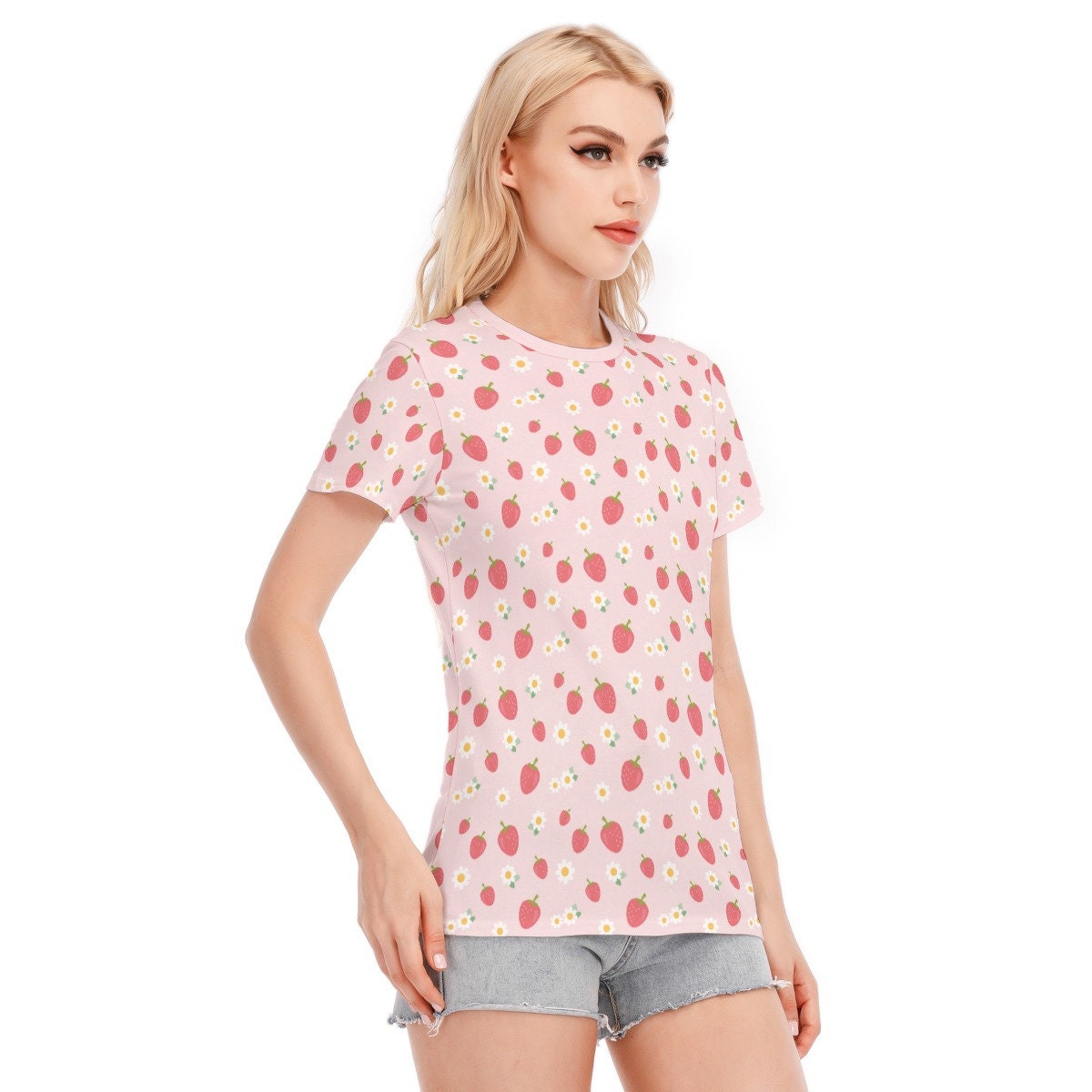 Erdbeer-T-Shirt, rosa Erdbeer-Top, Erdbeer-Print-Top, Damen-Tops, Sommer-Top für Damen, einzigartiges T-Shirt, Erdbeer-Muster-Top, rosa Top
