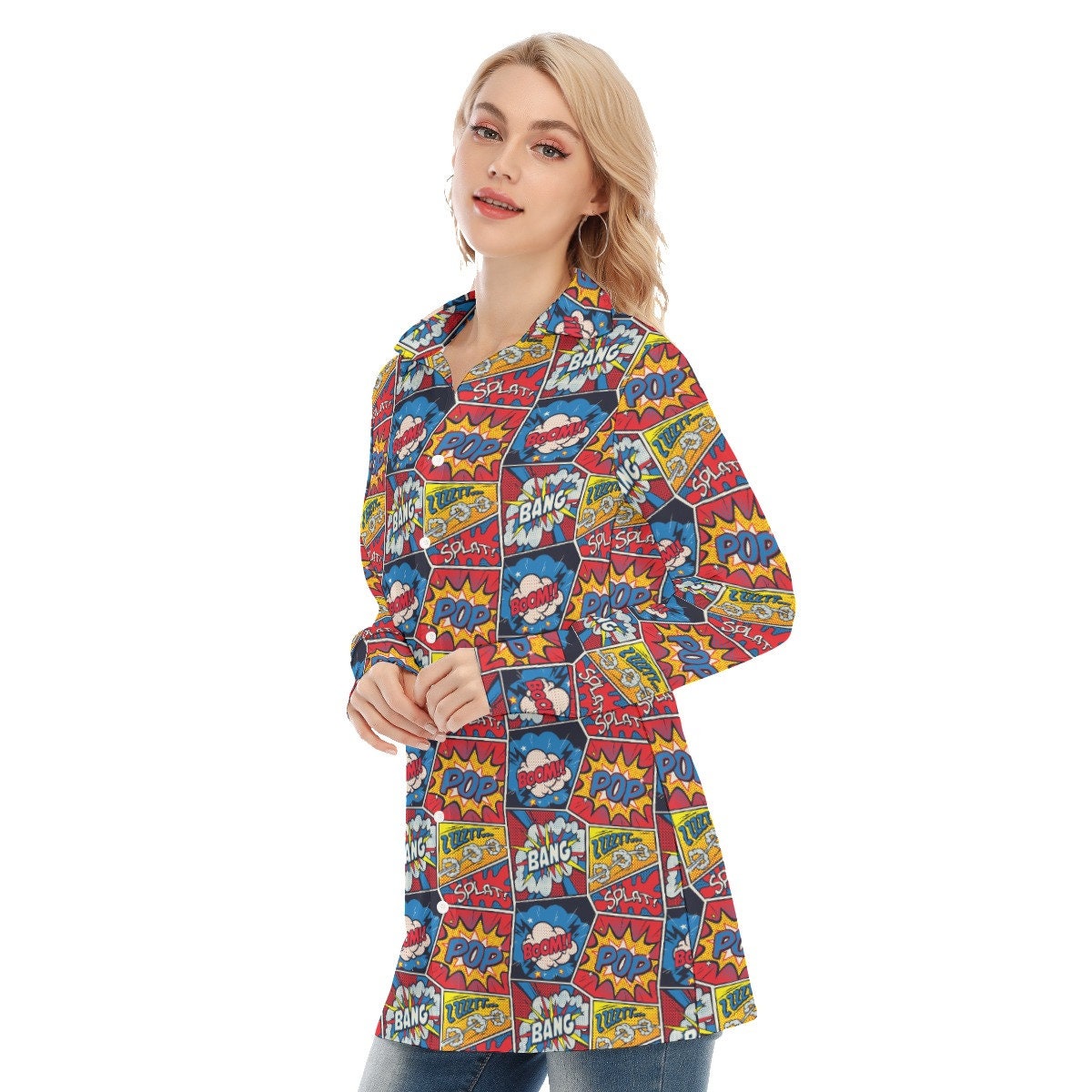 Retro Pop Art Shirt, Women's Tops, Long Sleeve Shirt, Retro Shirt, Pop Art Print Top, Women's blouse, Women's Shirt,Red Blue Cartoon Top