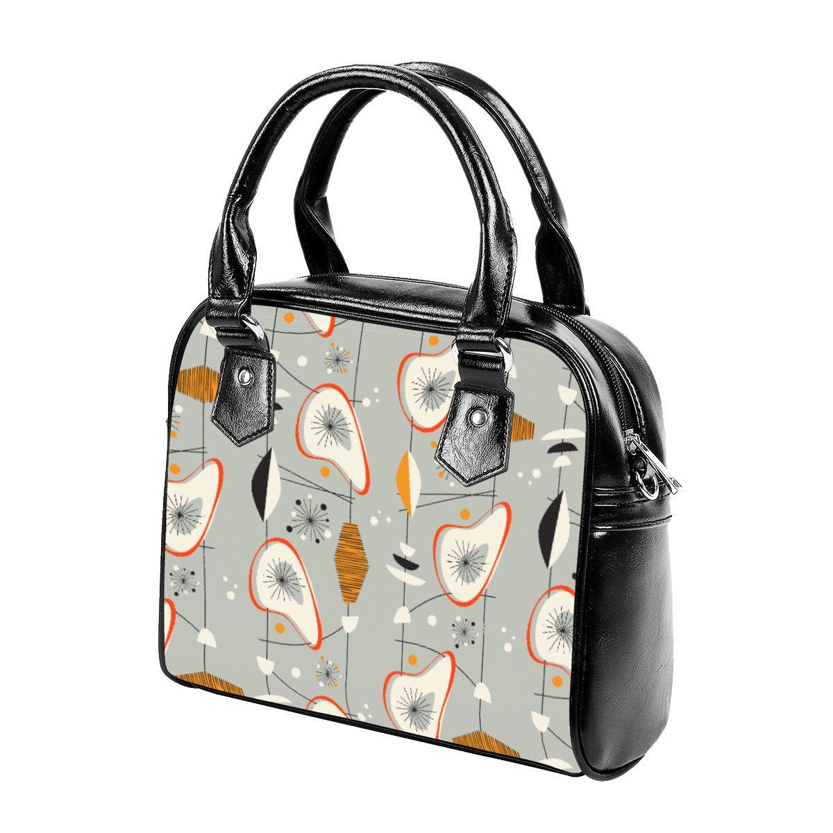 Retro Handbag, MidCentury Style, 50s Gray Atomic Print HandBag, Retro purse, Womens Handbags, Vintage style purse, 50s style handbag