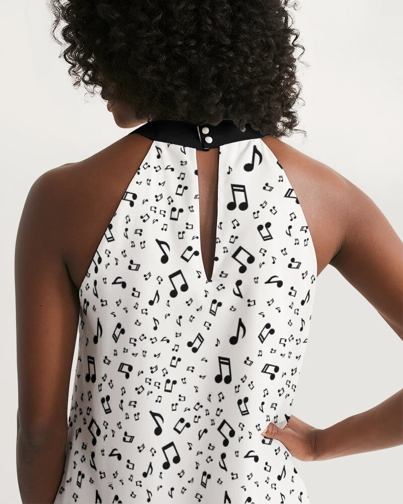 Music Lover Dress, Women's Dresses, Halter Dress, White Halter Dress,  Black and White Dress, Party Dress,Cute Dress, Music Note print Dress