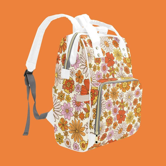 Retro Orange Pink Rucksack, Damenrucksack, Damentaschen, Blumenrucksack, Vintage-Stil-Rucksack, Hippie-Stil-Tasche, Moderucksack