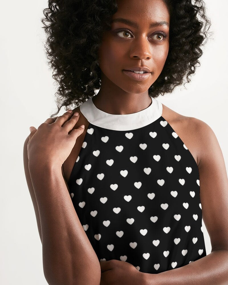 Herzkleid, schwarzes Kleid, Vintage-Kleiderstil, Pinup-Kleid, Retro-Kleid, Neckholder-Kleid, Herz-Print-Kleid, Partykleid, Herz-Polka-Dot-Kleid