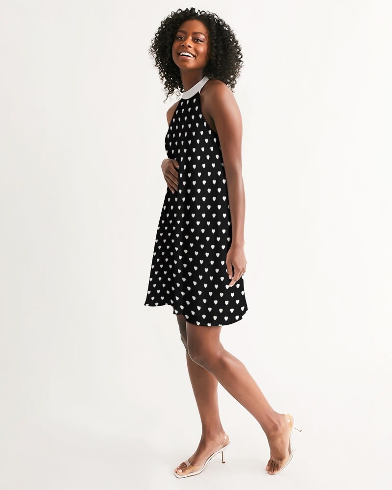 Herzkleid, schwarzes Kleid, Vintage-Kleiderstil, Pinup-Kleid, Retro-Kleid, Neckholder-Kleid, Herz-Print-Kleid, Partykleid, Herz-Polka-Dot-Kleid