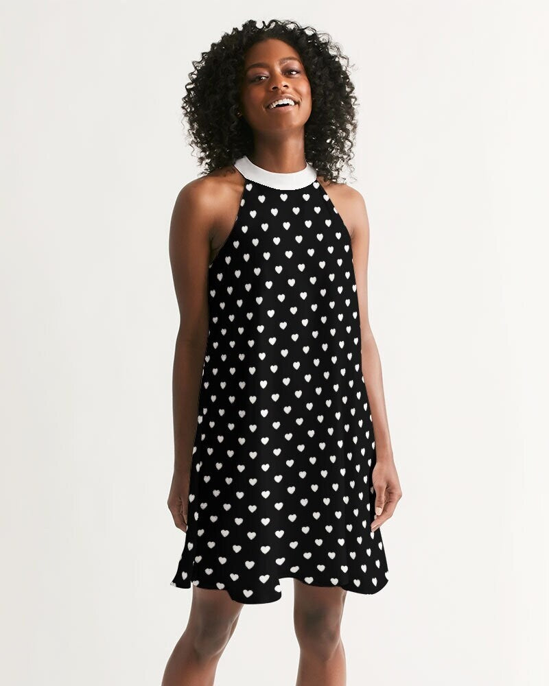 Herzkleid, schwarzes Kleid, Vintage-Kleiderstil, Pinup-Kleid, Retro-Kleid, Neckholder-Kleid, Herz-Print-Kleid, Partykleid, Herz-Polka-Dot-Kleid