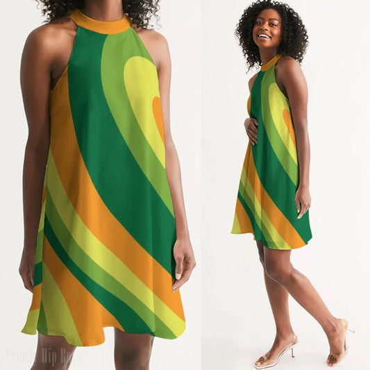 Grooviges Kleid im 70er-Jahre-Stil, Vintage-Kleiderstil, Hippie-Kleid, Retro-Kleid, Disco-Kleid, Stipe-Kleid, 70er-Jahre-inspiriertes Kleid, gelbgrünes Kleid