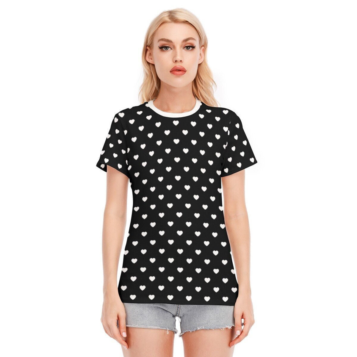 Damen-T-Shirt, Herz-Polka-Dot-Top, Polka-Dot-T-Shirt, schwarzes Polka-Dot-Top, Retro-T-Shirt, Herz-Print-T-Shirt, Herz-Muster-T-Shirt