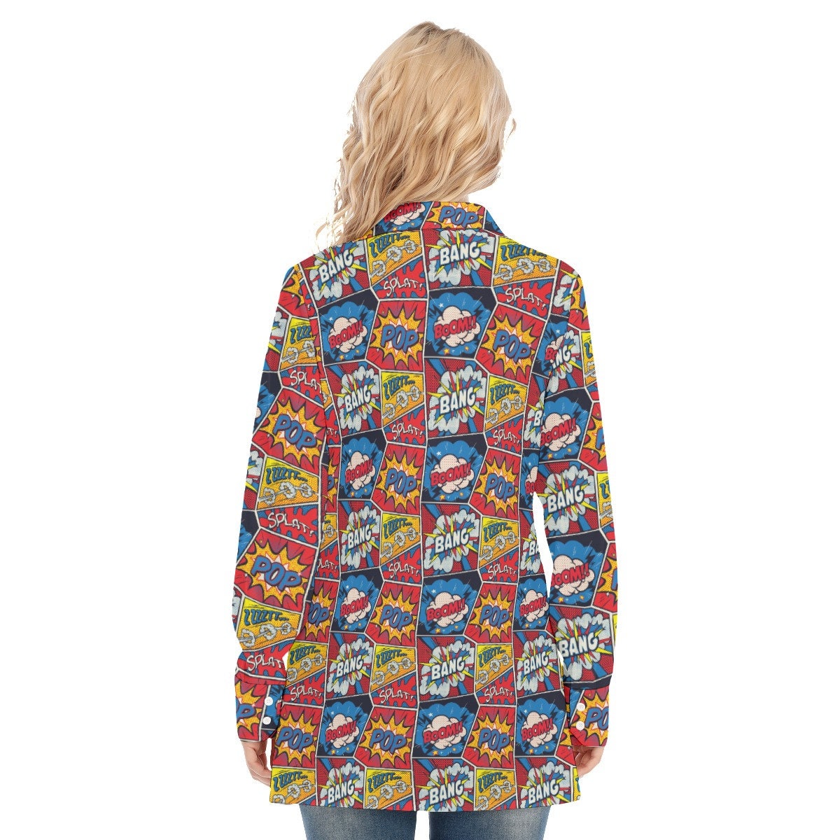 Retro Pop Art Shirt, Women's Tops, Long Sleeve Shirt, Retro Shirt, Pop Art Print Top, Women's blouse, Women's Shirt,Red Blue Cartoon Top