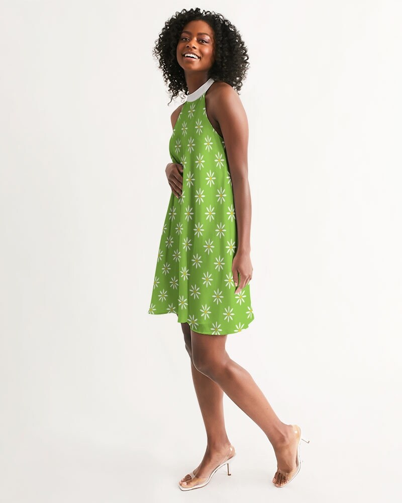 Retro-Kleid, Mod-Kleid, Mod-grünes Kleid, Blumenkleid, Kleid im 60er-Jahre-Stil, Kleid im Vintage-Stil, 60er-Jahre-inspiriertes Kleid, Neckholder-Kleid, Trapezkleid