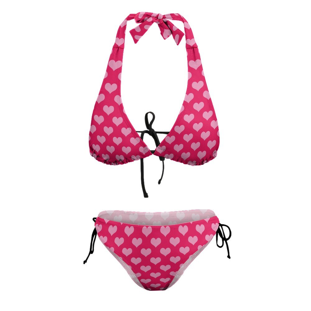 Halter Bikini, Fuchsia Pink Heart Bikini, Heart Print Bikini, Two Piece Bikini Set, Cute Bikini, Women's Bikini, Heart Polka Dot Bikini