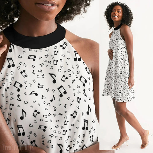 Music Lover Dress, Women's Dresses, Halter Dress, White Halter Dress,  Black and White Dress, Party Dress,Cute Dress, Music Note print Dress