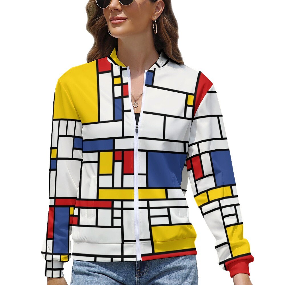 Damenjacke, Retro-Jacke, Mod-Jacke, Mondrian-Print-Jacke, Damenjacke, leichte Jacke Damen, Vintage-Stil-Jacke