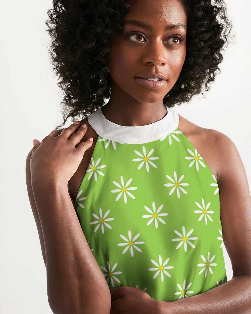 Retro-Kleid, Mod-Kleid, Mod-grünes Kleid, Blumenkleid, Kleid im 60er-Jahre-Stil, Kleid im Vintage-Stil, 60er-Jahre-inspiriertes Kleid, Neckholder-Kleid, Trapezkleid