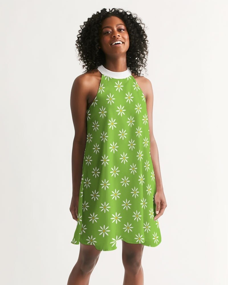 Retro-Kleid, Mod-Kleid, Mod-grünes Kleid, Blumenkleid, Kleid im 60er-Jahre-Stil, Kleid im Vintage-Stil, 60er-Jahre-inspiriertes Kleid, Neckholder-Kleid, Trapezkleid