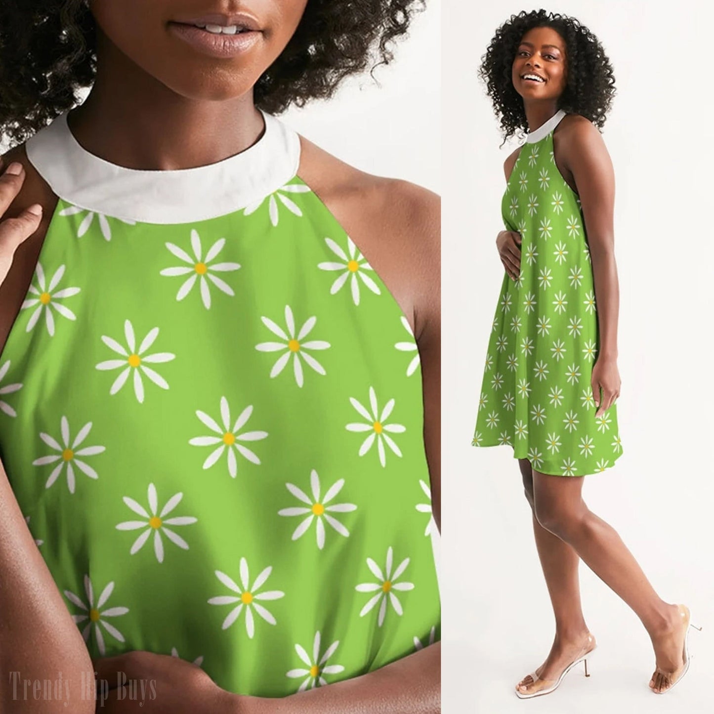 Retro-Kleid, Mod-Kleid, Mod-grünes Kleid, Blumenkleid, Kleid im 60er-Jahre-Stil, Kleid im Vintage-Stil, 60er-Jahre-inspiriertes Kleid, Neckholder-Kleid, Trapezkleid