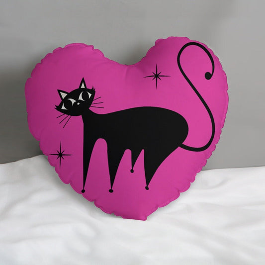 Oreiller de coeur, oreiller de chat rétro, oreiller de coeur de chat rose chaud, oreiller de chat des années 50, oreiller en forme de coeur, oreiller décoratif, oreiller rose, oreiller d’accent