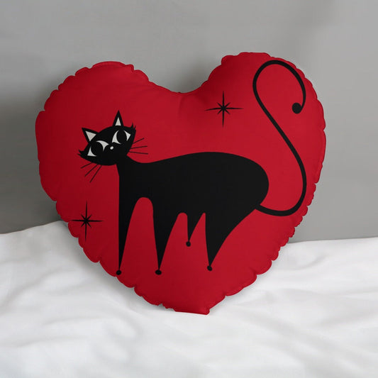 Herzkissen, Retro-Katzenkissen, rotes Katzenherzkissen, 50er-Jahre-Katzenkissen, herzförmiges Kissen, dekoratives Kissen, rotes Herz-Akzentkissen