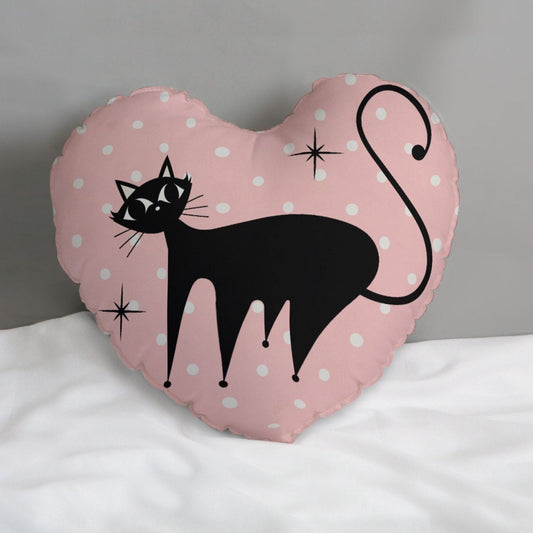 Oreiller de coeur, oreiller de chat rétro, oreiller à pois rose, oreiller de chat des années 50, oreiller en forme de cœur, oreiller décoratif, oreiller d’accent à pois rose