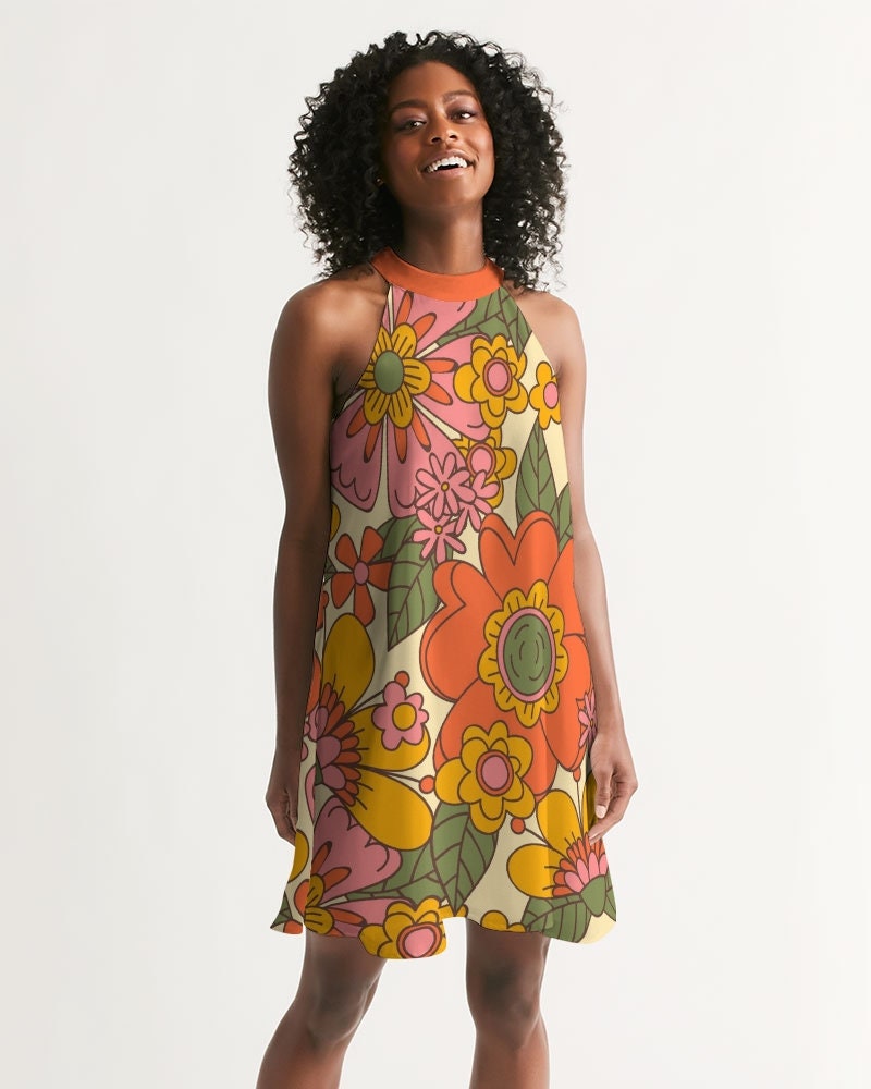 Vintage-Kleiderstil, Kleid im 70er-Jahre-Stil, Hippie-Kleid, Retro-Kleid, Disco-Kleid, 70er-Jahre-Blumenkleid, 70er-Jahre-inspiriertes Kleid, Rosa-Orange-Kleid