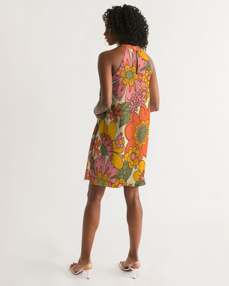 Vintage-Kleiderstil, Kleid im 70er-Jahre-Stil, Hippie-Kleid, Retro-Kleid, Disco-Kleid, 70er-Jahre-Blumenkleid, 70er-Jahre-inspiriertes Kleid, Rosa-Orange-Kleid