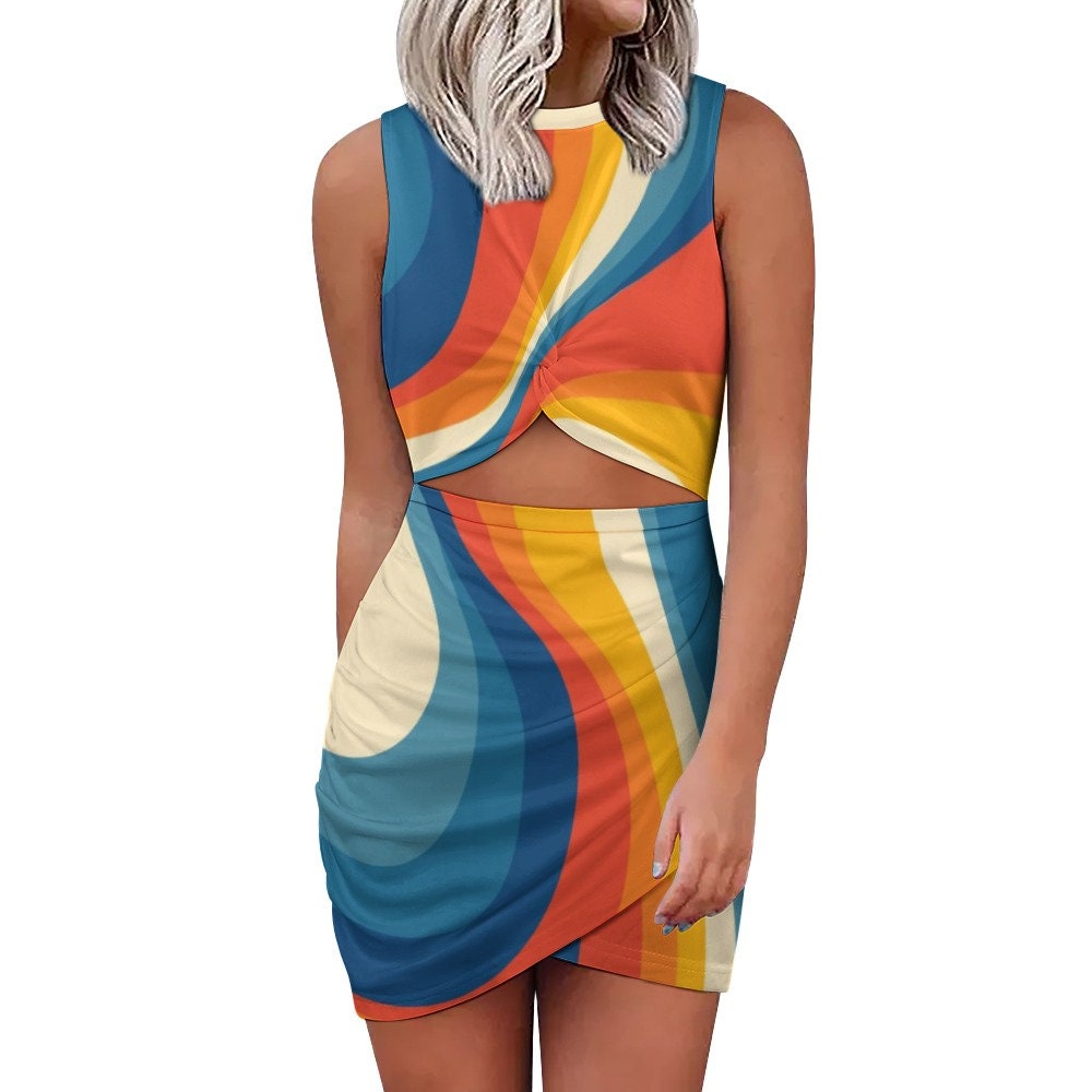 Hippie Dress, Retro Stripe Dress, GOGO Dress, Cut Out Dress, Sleeveless dress, Orange Blue Stripe Dress, Mini Dress, High Fashion Dress