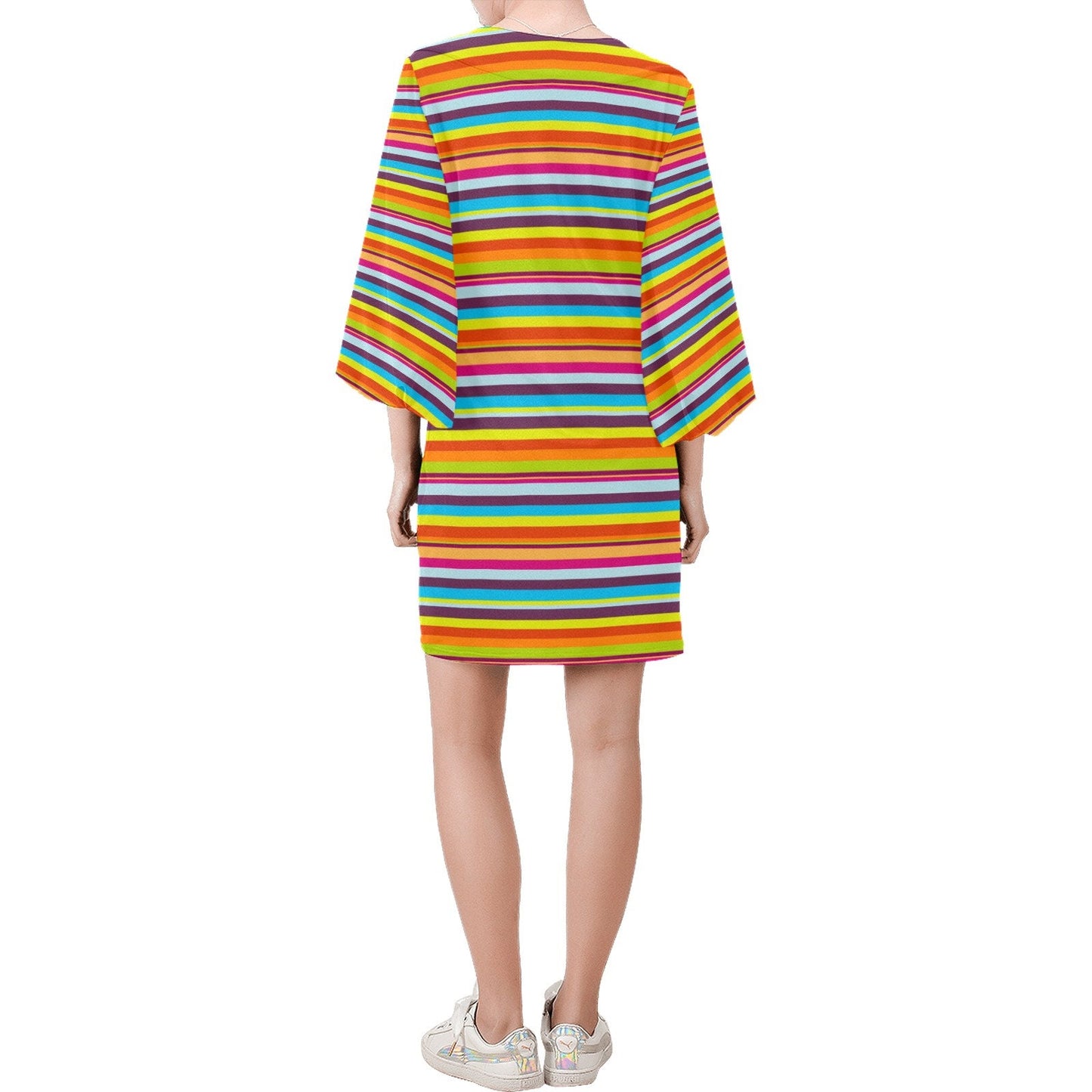 Streifenkleid, Retro-Kleid, Retro-Kleid, Kleid im 70er-Jahre-Stil, Kleid mit Glockenärmeln, mehrfarbiges Streifenkleid, Hippie-Kleid, Etuikleid, Vintage-inspiriert