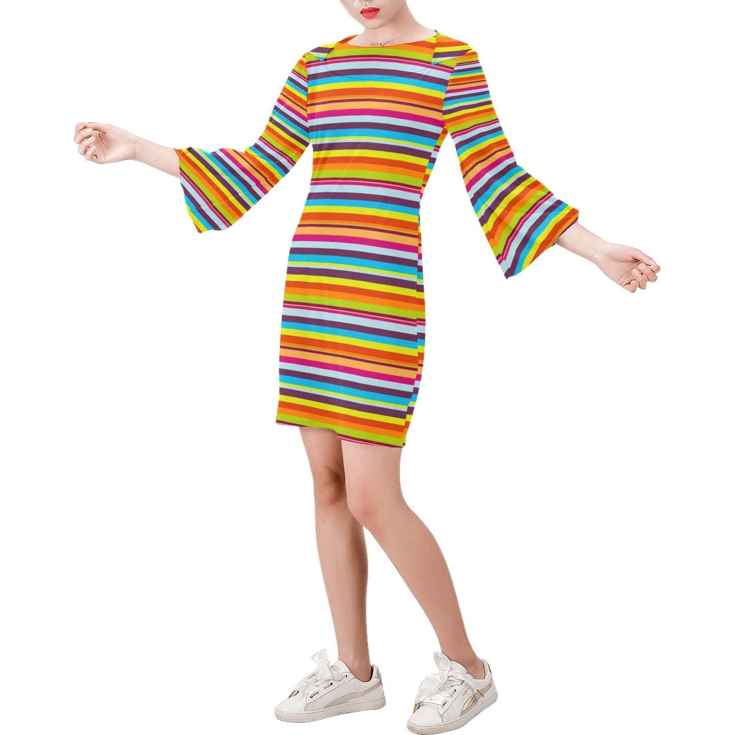 Streifenkleid, Retro-Kleid, Retro-Kleid, Kleid im 70er-Jahre-Stil, Kleid mit Glockenärmeln, mehrfarbiges Streifenkleid, Hippie-Kleid, Etuikleid, Vintage-inspiriert