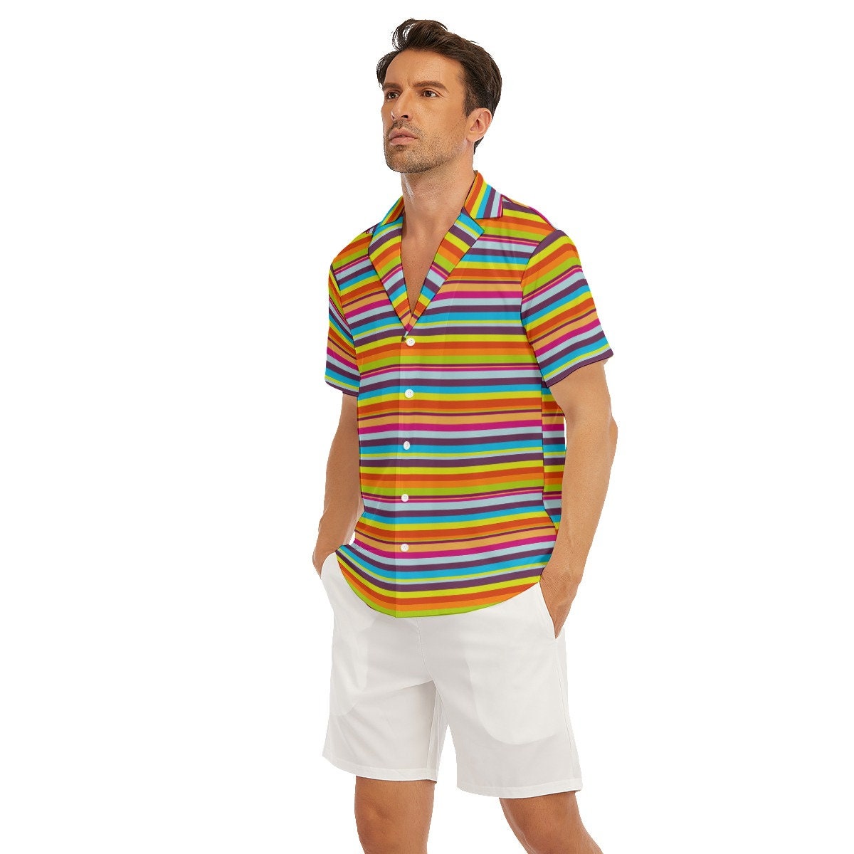 Streifenhemd Herren, Mehrfarbiges Hemd Herren, Hemd im 70er-Jahre-Stil, Hippie-Hemd, Kurzarmhemd Herren, Herrenoberteile, Regenbogenhemd, Herrenhemd