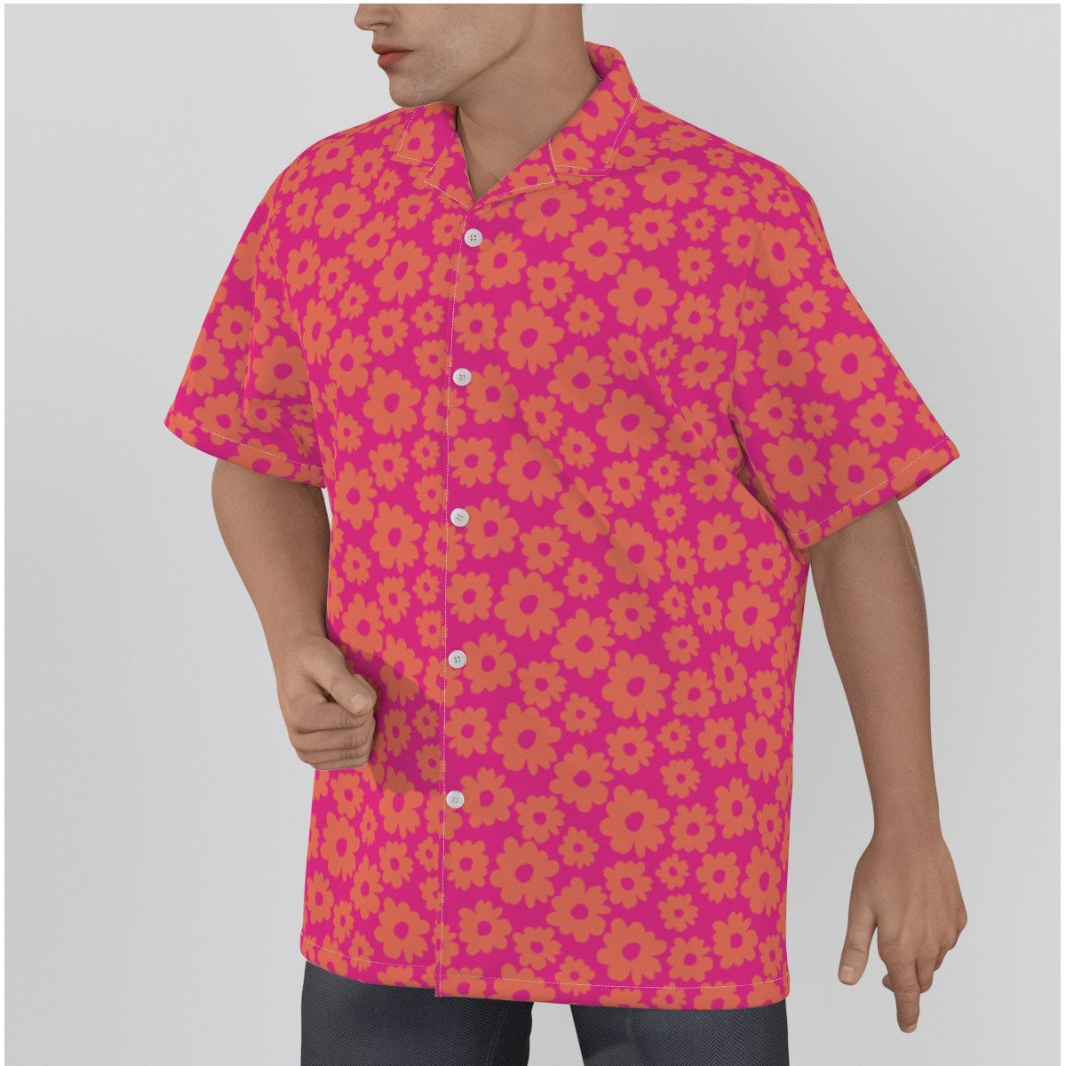 Hawaiihemd Herren, Retro Top, Retro Shirt Herren, 60er 70er Jahre Style Shirt, Neon Pink Shirt Herren, Blumen Shirt Herren, Vintage Style Top, Hippie Shirt Herren