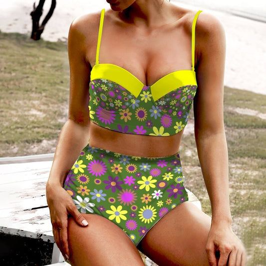 Retro-Badeanzug, Retro-Bikini, Pin-Up-Bikini, grüner Bikini, Bikini mit hoher Taille, Bikini im Vintage-Stil, Bikini im 60er-Jahre-Stil, Blumen-Bikini, Mod 60er Jahre