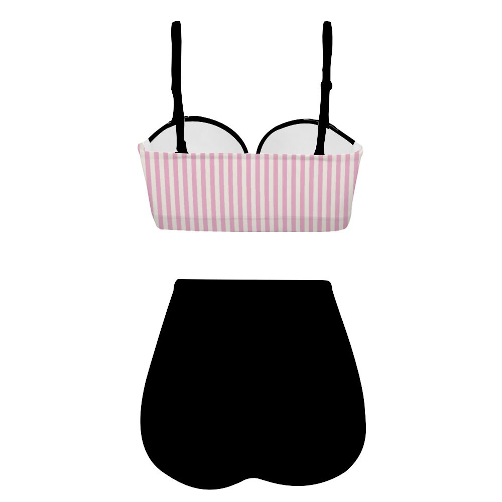 Pin-Up-Bikini, Retro-Bikini, schwarz-rosa gestreifter Bikini, Bikini-Set mit hoher Taille, zweiteiliges Bikini-Set, Bikini im Vintage-Stil, Rockabilly-Stil