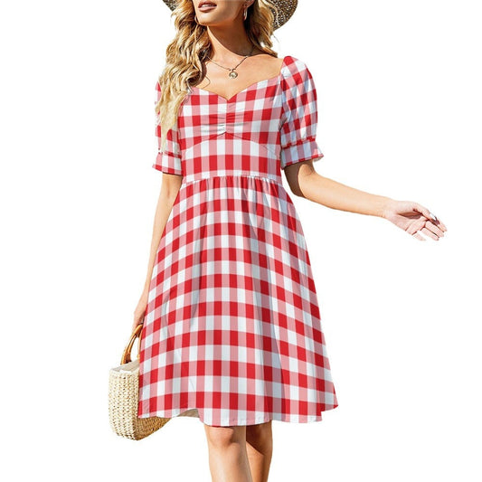 Rotes Gingham-Kleid, Babydoll-Kleid, Retro-Kleid, Kleid im Vintage-Stil, Kleid im 50er-Jahre-Stil, Kleid mit Puffärmeln, Aline-Kleid, Vintage-inspiriertes Kleid